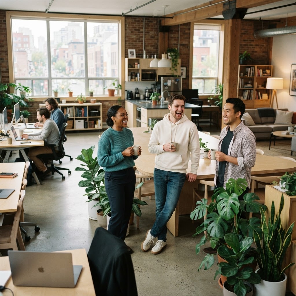 Diverse colleagues chatting in a bright modern open office