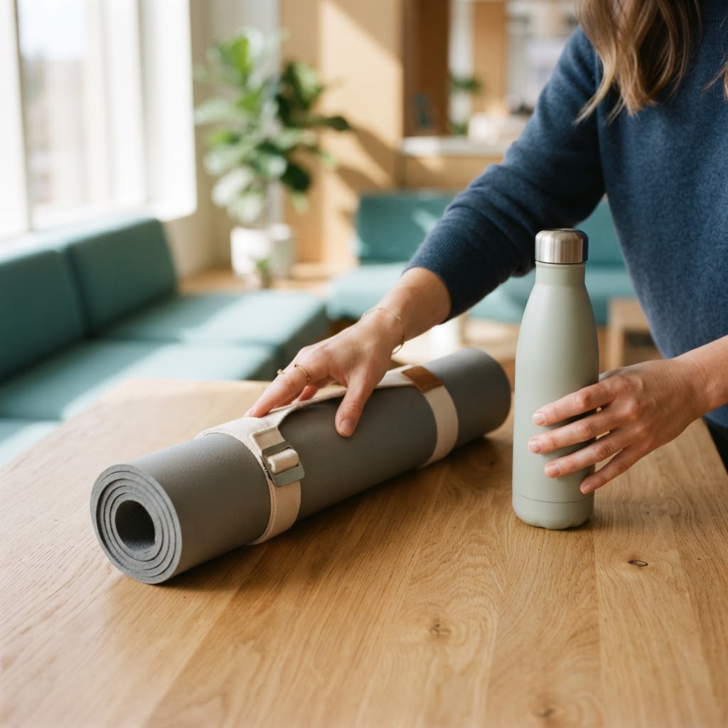 Hands placing yoga mat and water bottle on oak table