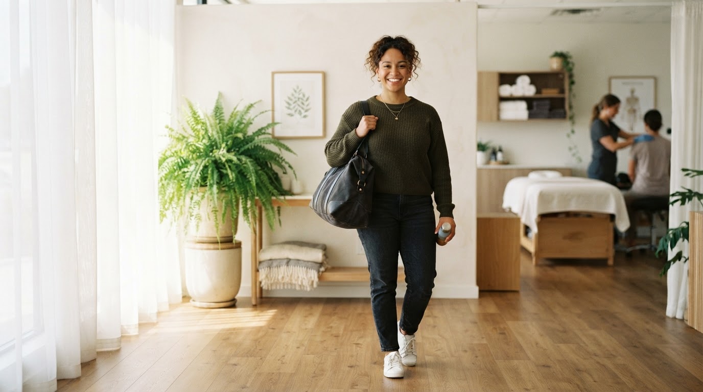 Happy employee standing in a modern bright physiotherapy studio