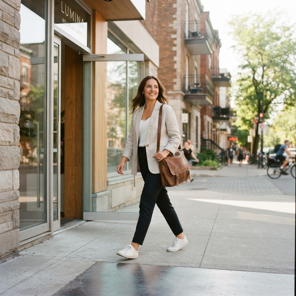 Professional employee walking out of a wellness clinic