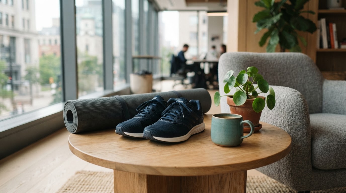 Athletic shoes and a yoga mat on a light oak side table