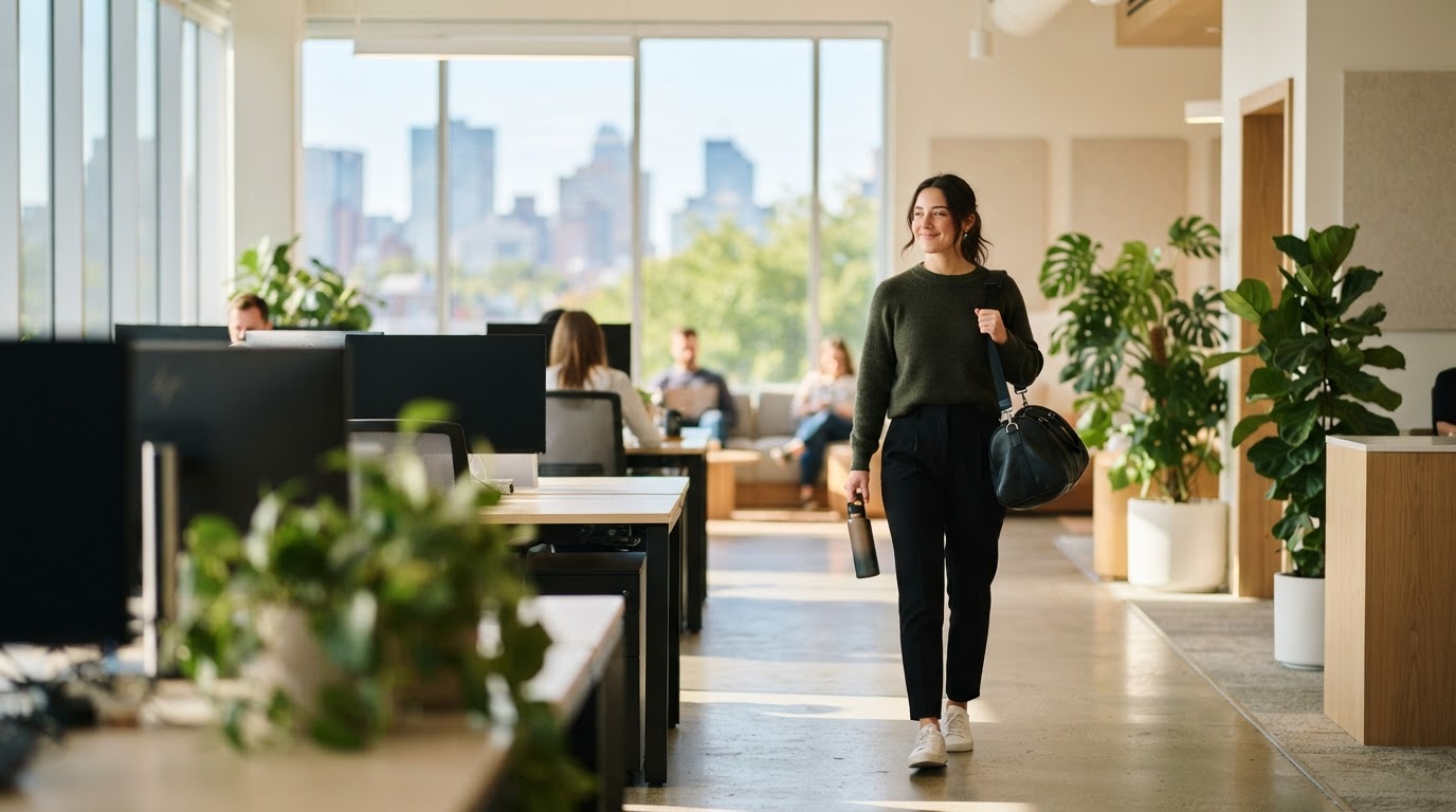Employee walking through a sunlit modern office with a gym bag
