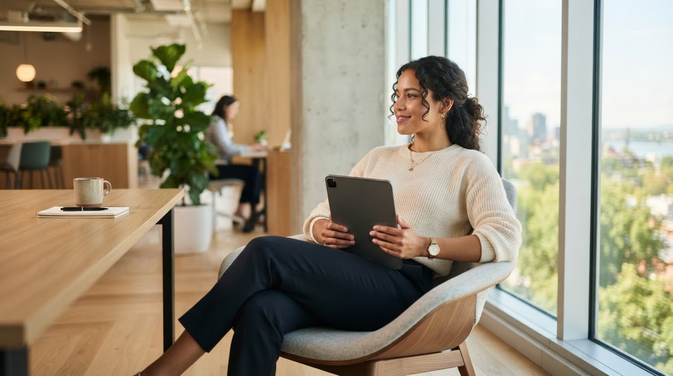 Professional relaxing in a modern office chair with a device face down