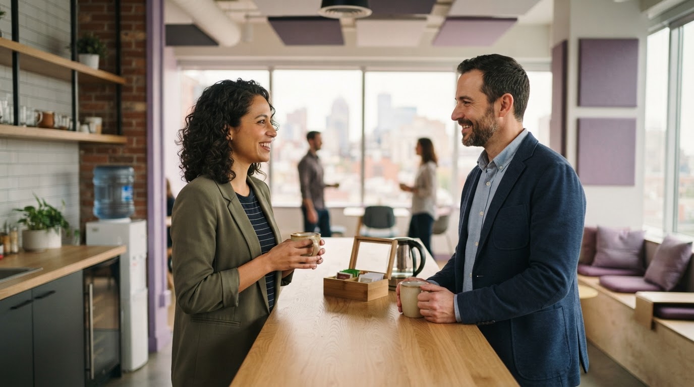 Two colleagues chatting near a kitchen counter in a modern office