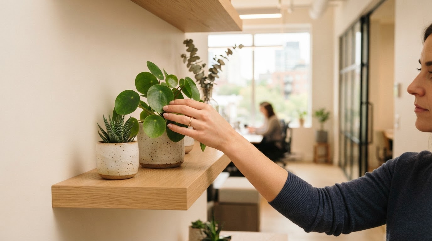Close up of a hand caring for a plant in a bright office