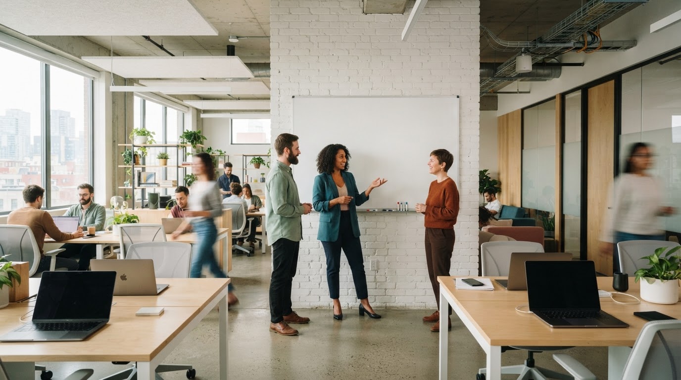 Diverse team collaborating in an open modern office space
