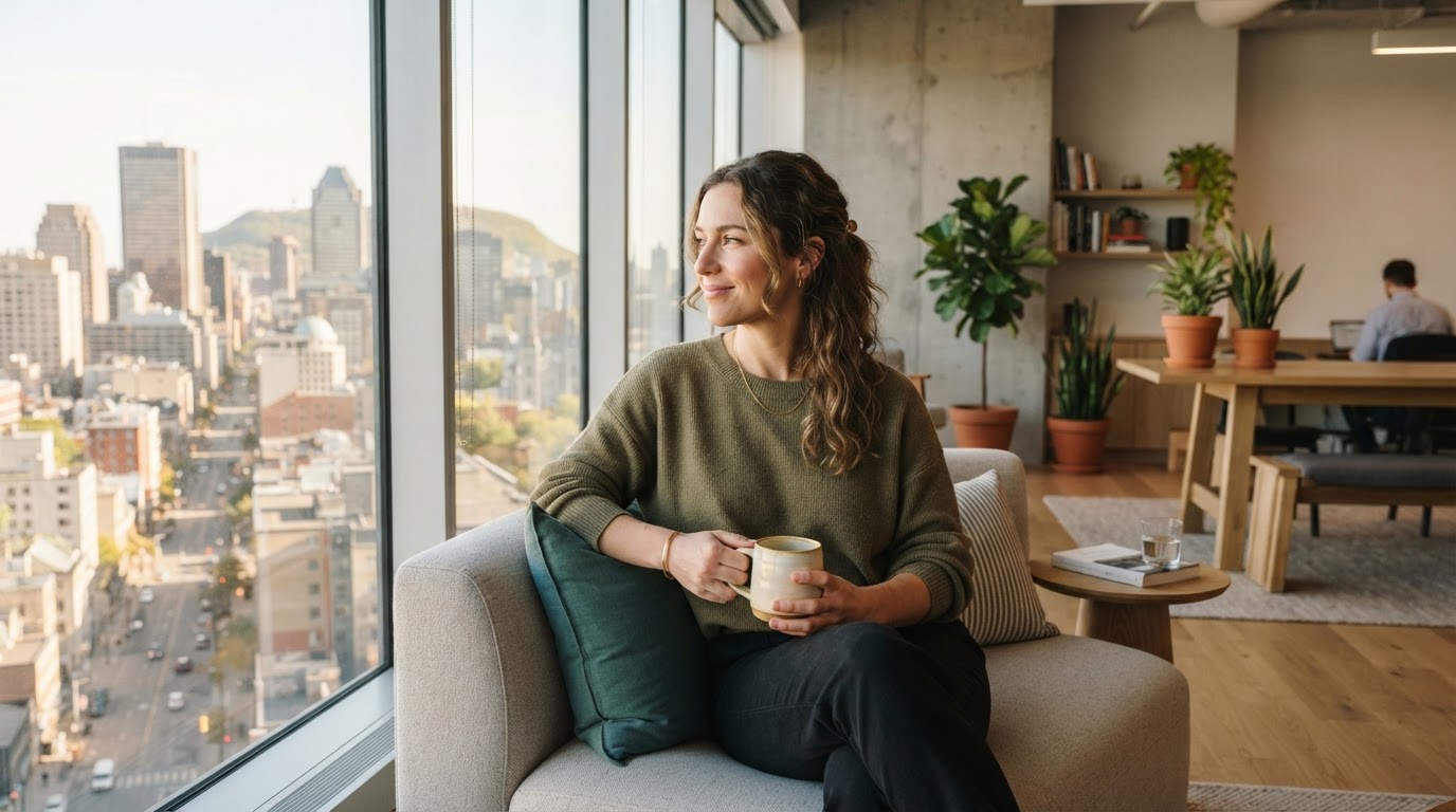 Employee relaxing in a modern office lounge area