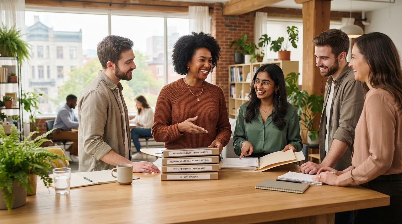 Small business team discussing benefit options at a bright communal table