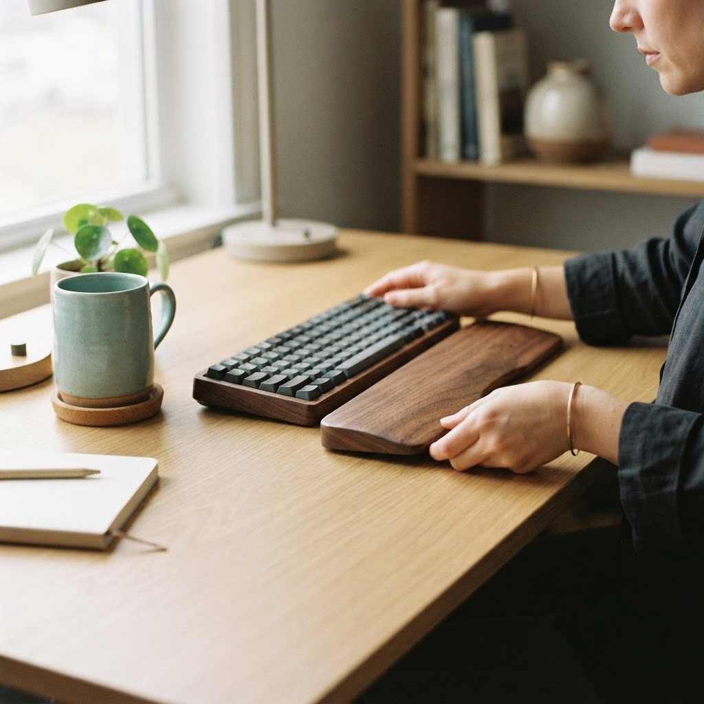 Detailed shot of an ergonomic desk accessory being arranged
