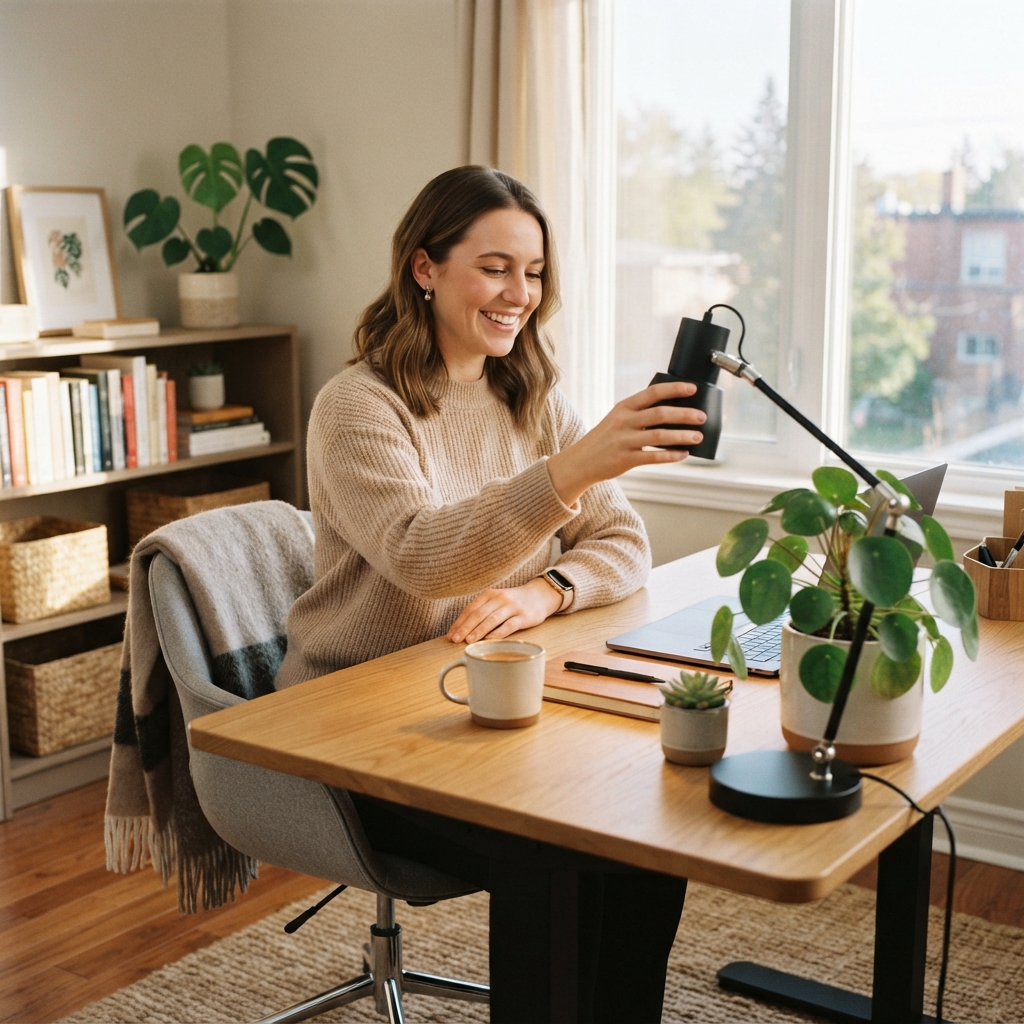 Young professional adjusting equipment in a bright home office