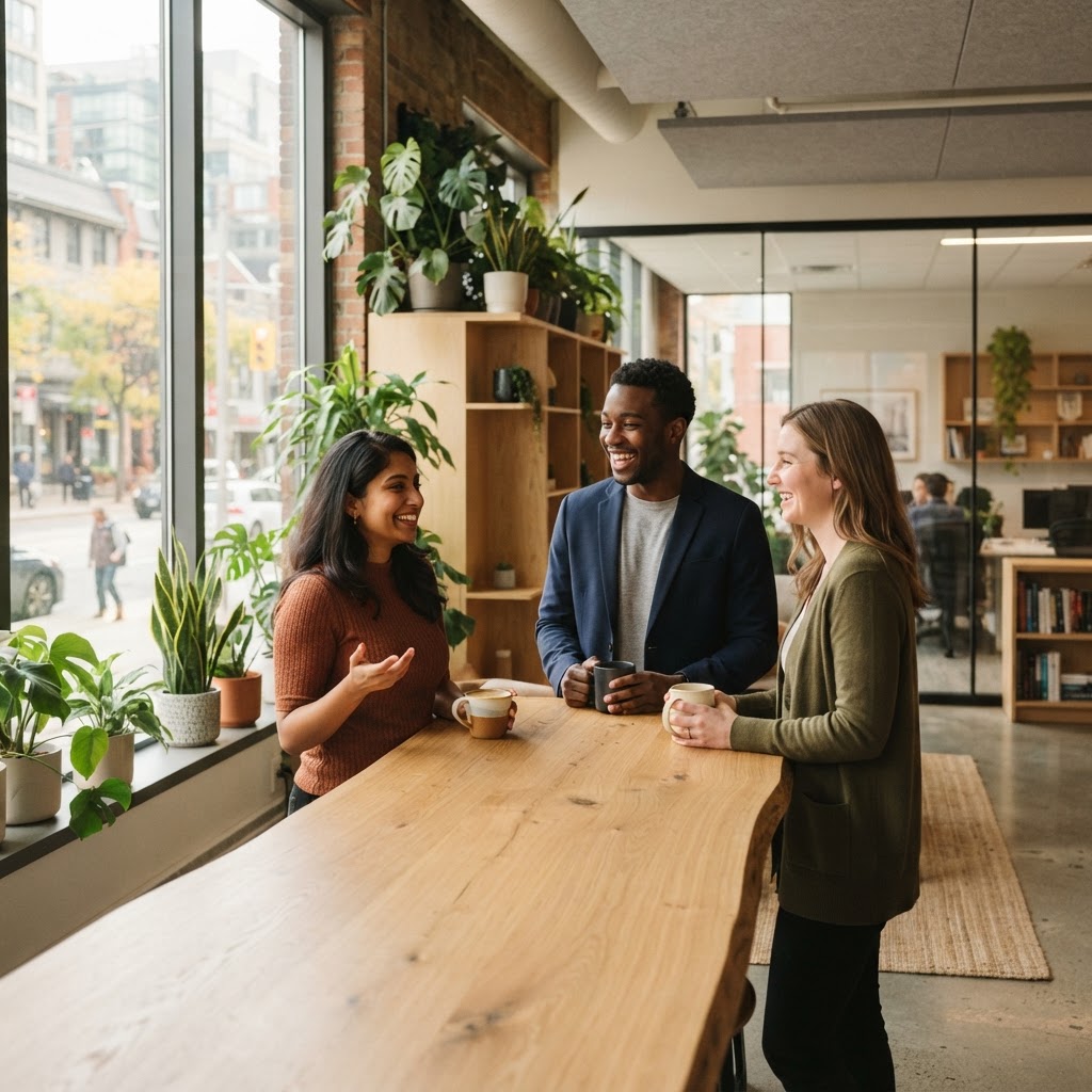 Diverse colleagues collaborating in a bright modern office