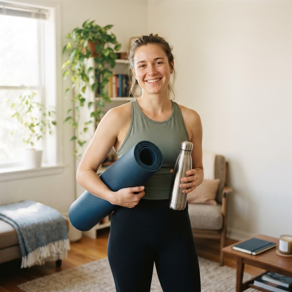Employee preparing for a yoga session in a home office