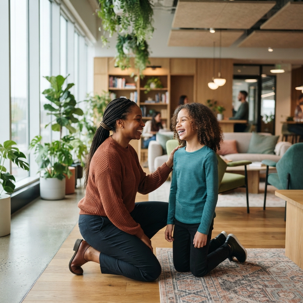 Parent and child smiling in a bright office environment