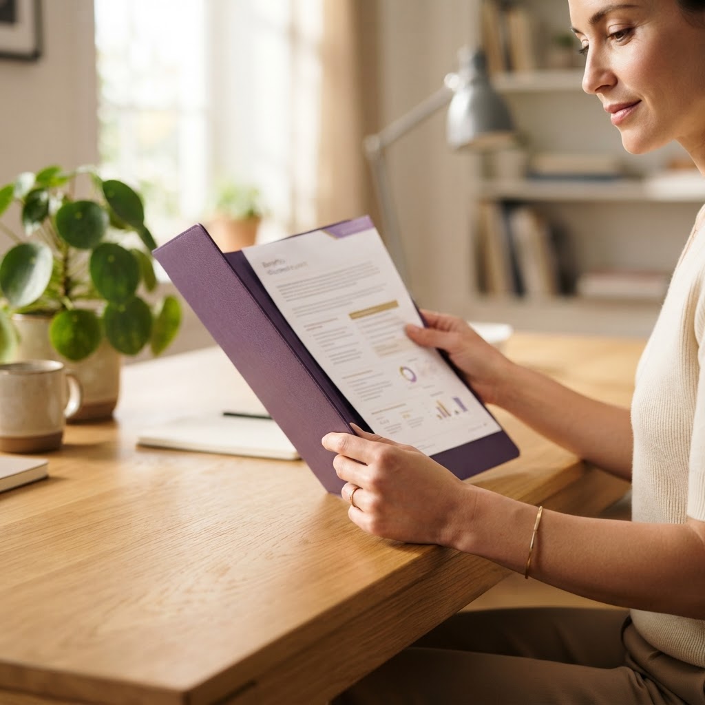 Person reviewing benefits documents at a clean wooden desk