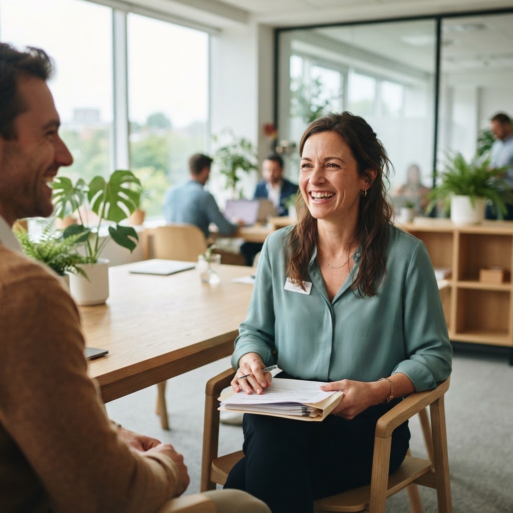 A smiling employee reviewing benefit documentation in a bright modern office