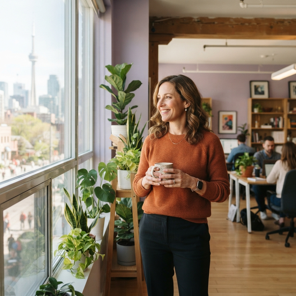 An employee relaxing by a sunlit office window