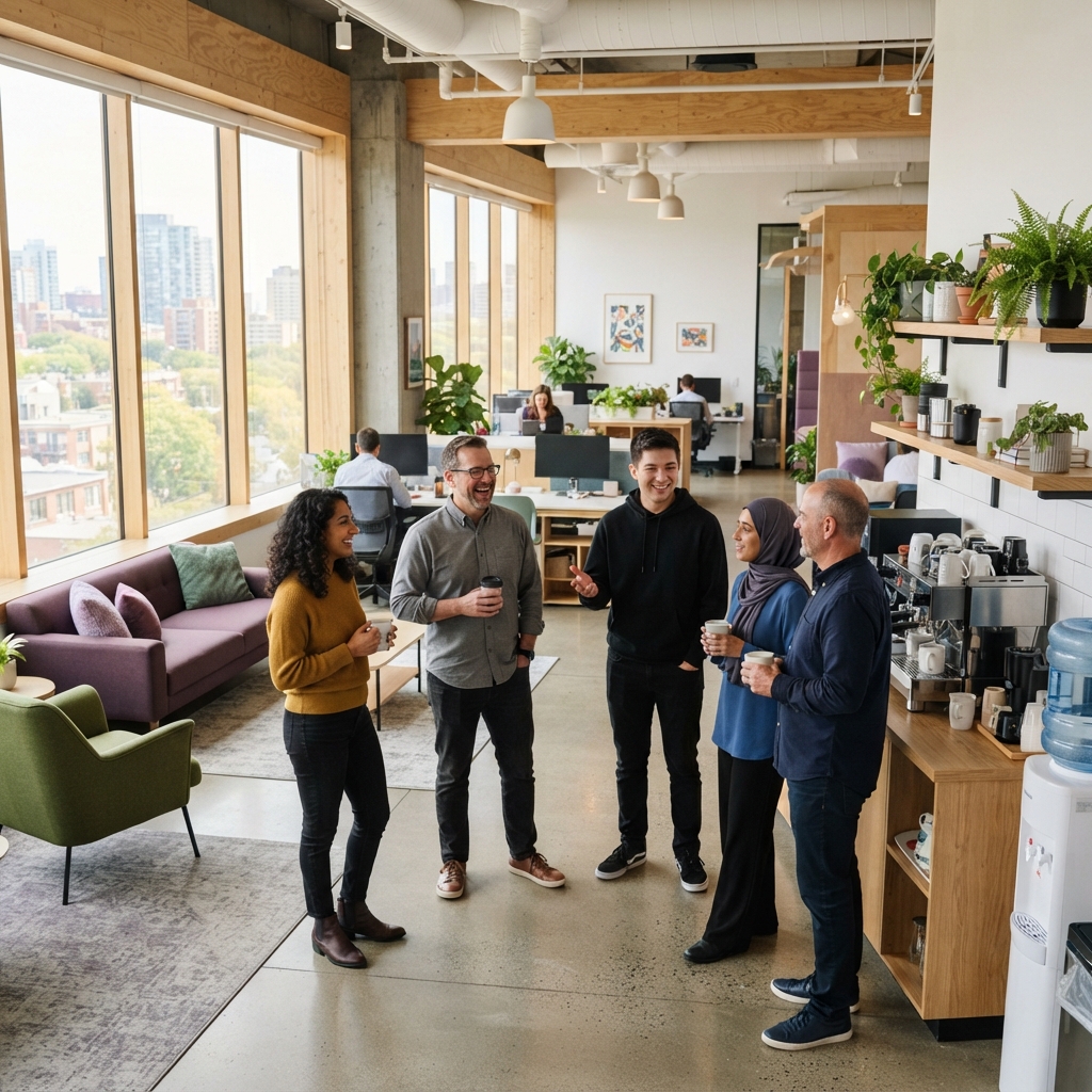 Diverse group of colleagues chatting in a modern sunny office