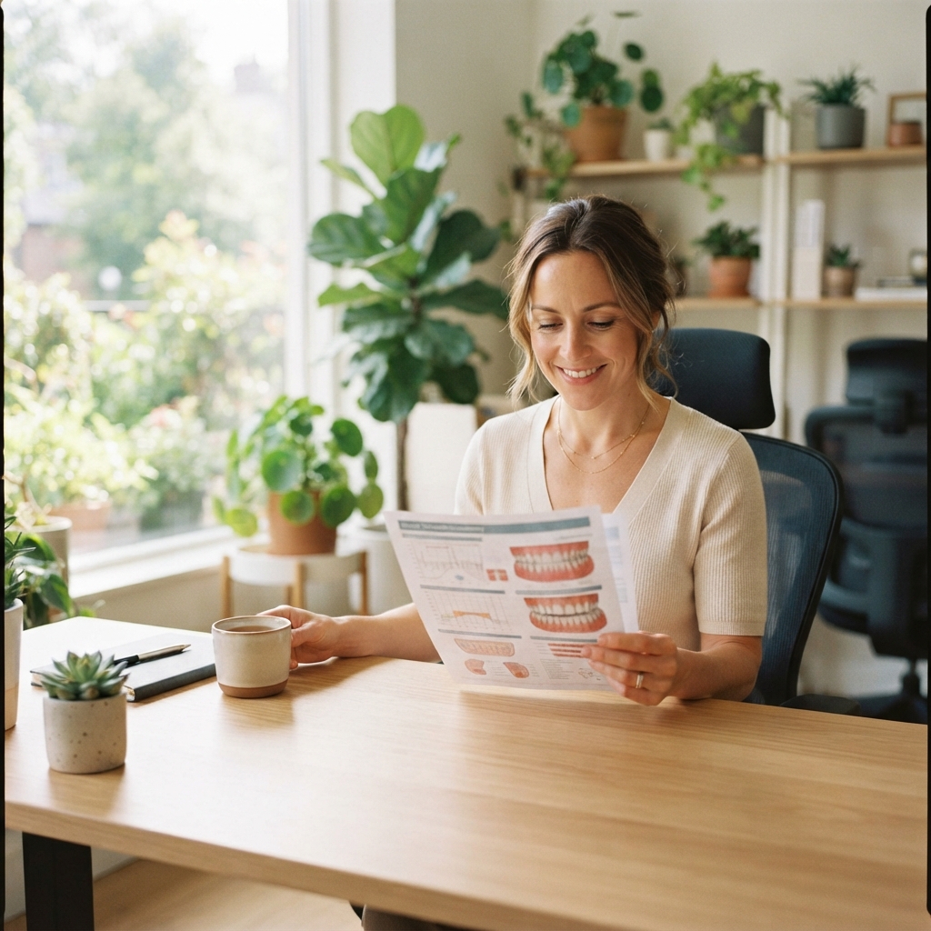 Professional woman reviewing dental health documents in a bright office