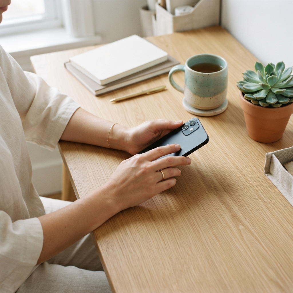 Smartphone sitting on a clean office desk next to a plant