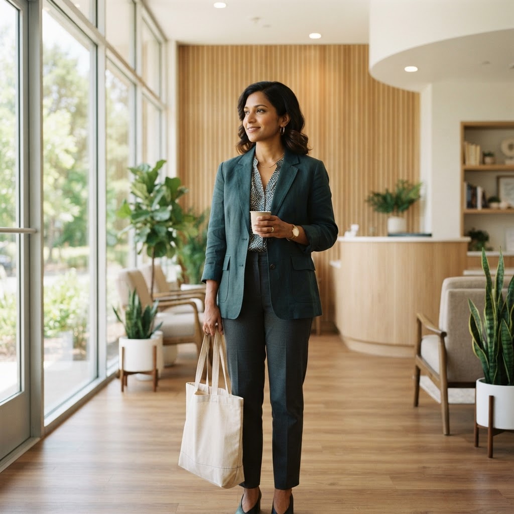 A person feeling confident in a modern dental office lobby