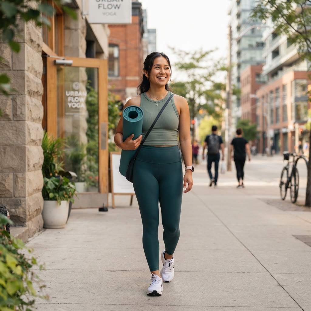 Employee stepping out of a yoga studio into daylight