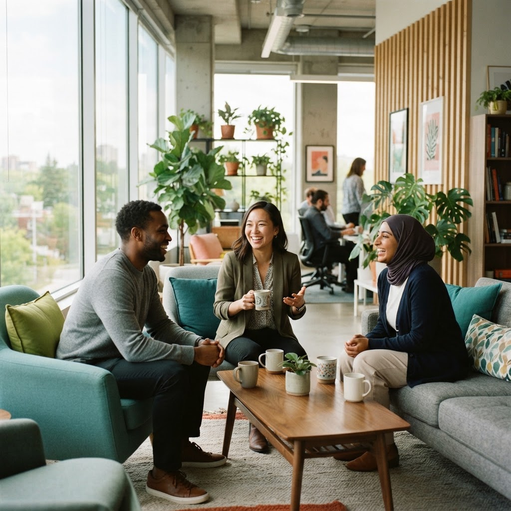 Diverse colleagues laughing in a bright modern office lounge