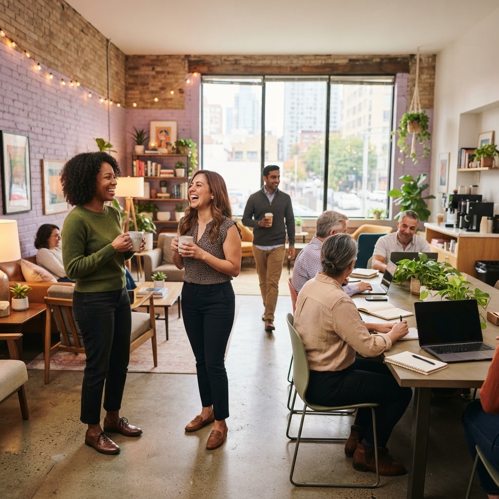 Diverse coworkers talking in a warm modern office environment