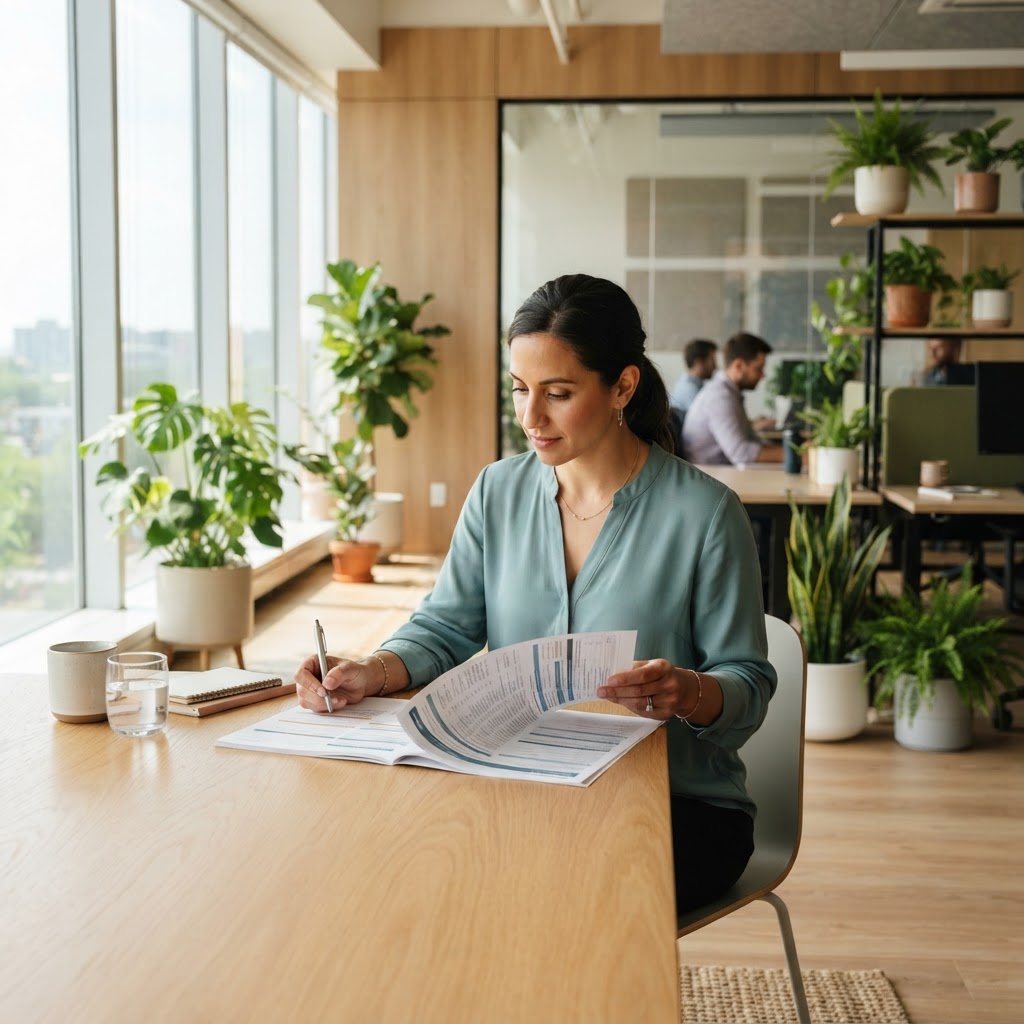 Human resources professional reviewing benefits options in a bright office