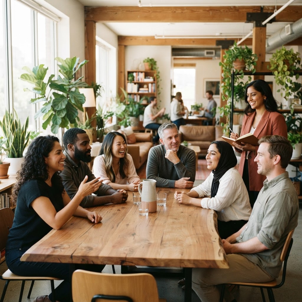 Diverse professional team collaborating in a sunlit modern office
