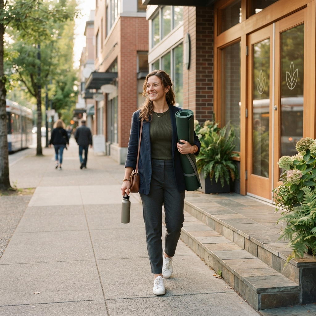 Person leaving a yoga studio feeling refreshed and happy