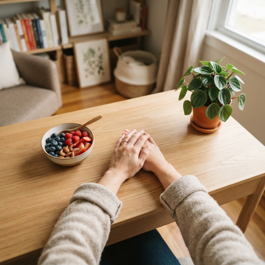 Relaxed workspace with personal items and healthy snacks