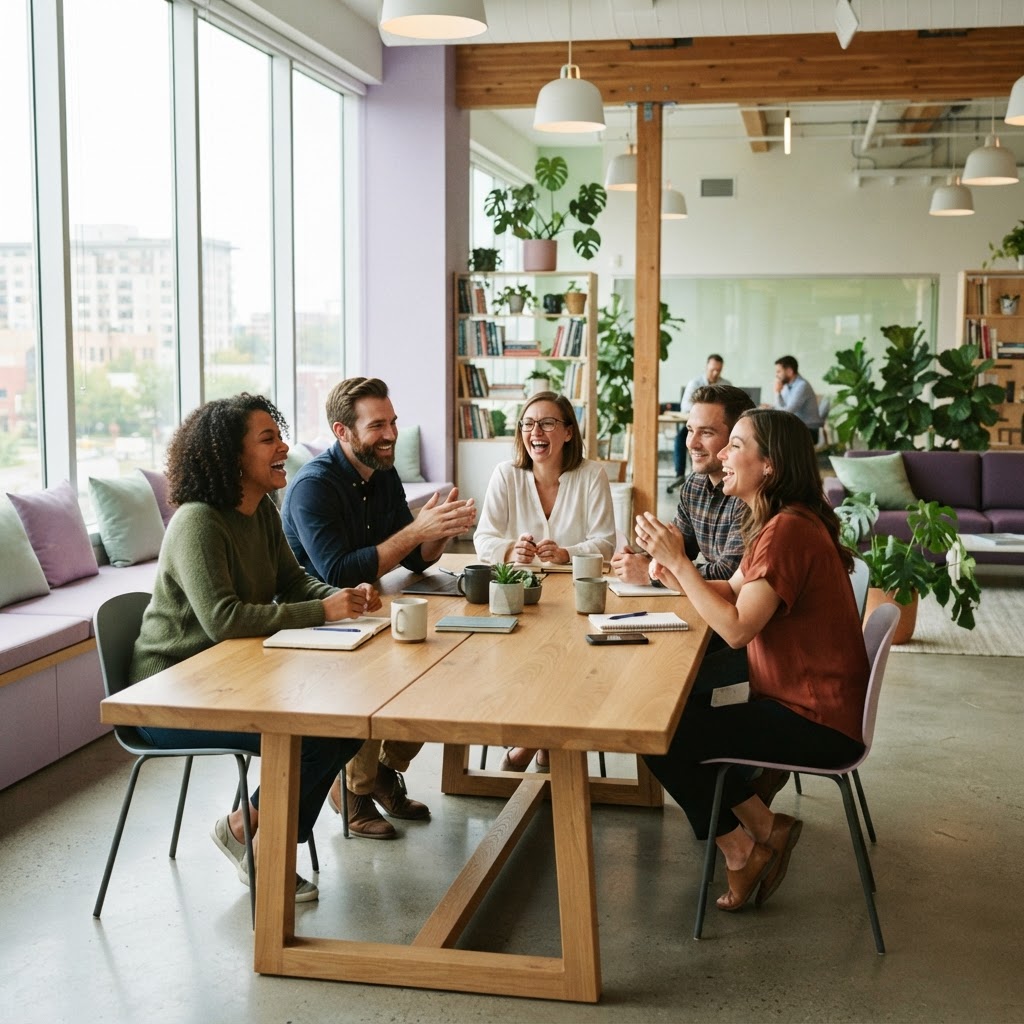 Diverse team collaborating in a modern office environment