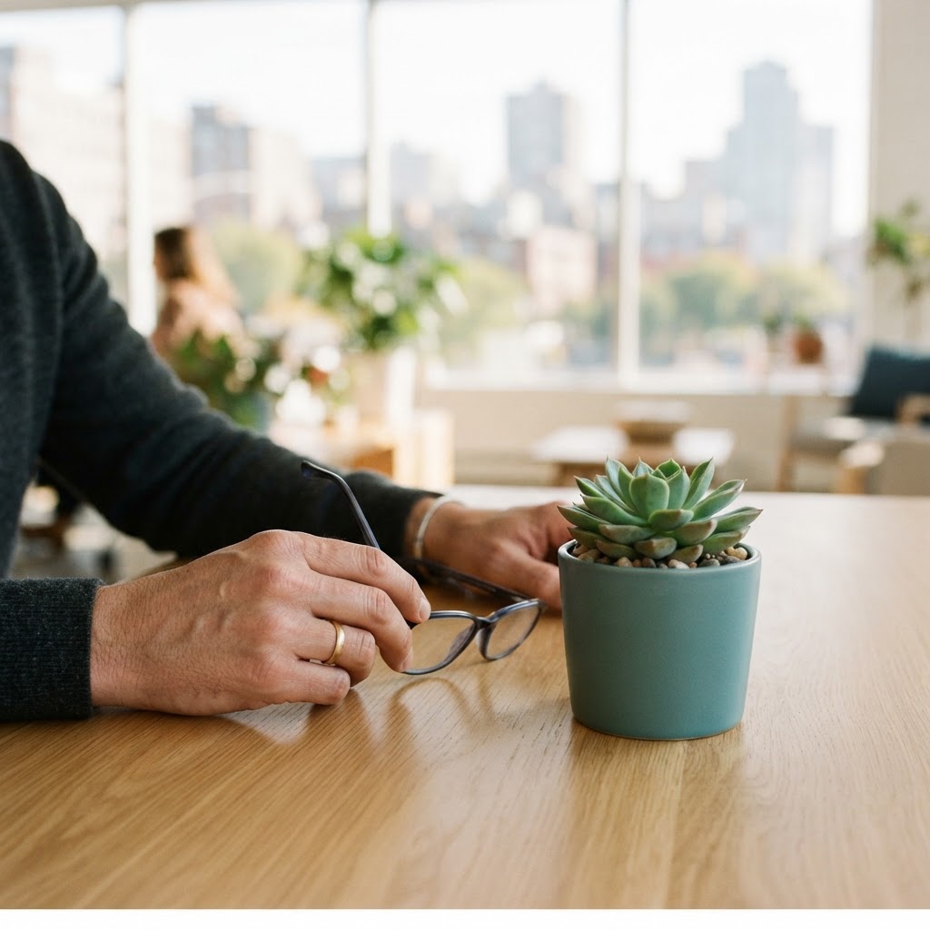 Hands holding glasses on a modern office desk