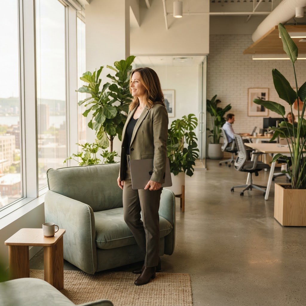 Professional standing in a sunlit modern office