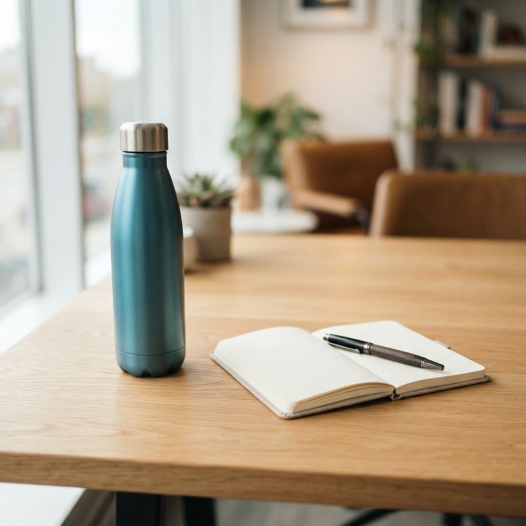 Water bottle and notepad on a desk