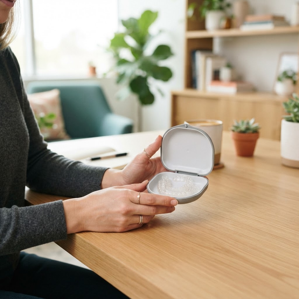 Clear orthodontic aligners in a case on a desk