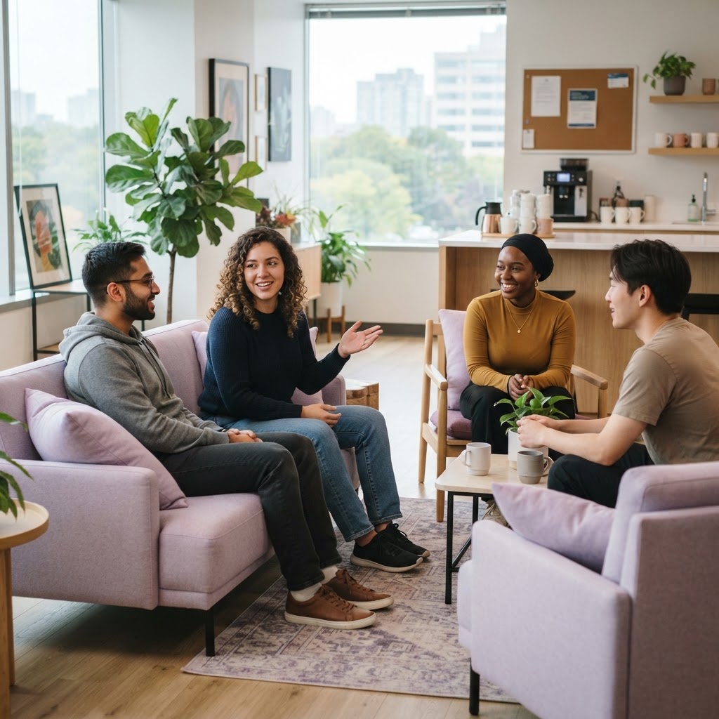 Colleagues talking in a modern, welcoming office lounge area