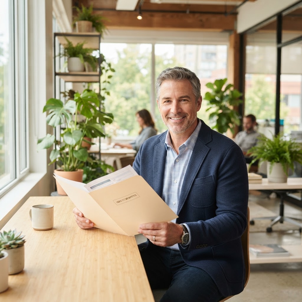 Professional reviewing dental health documents in a bright office