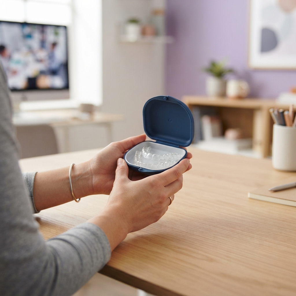 Clear orthodontic aligners on a desk in a modern office