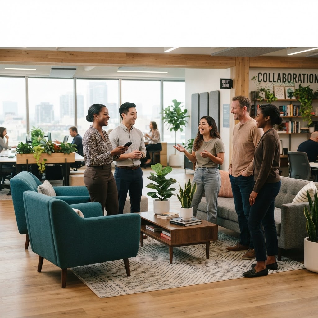 Diverse colleagues talking in a modern, supportive office environment