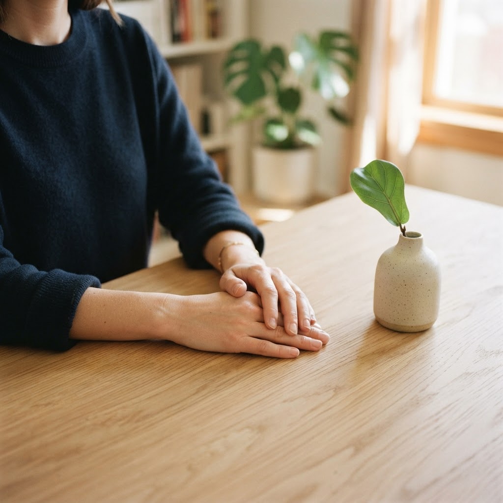 Close up of hands on a desk with a simple plant