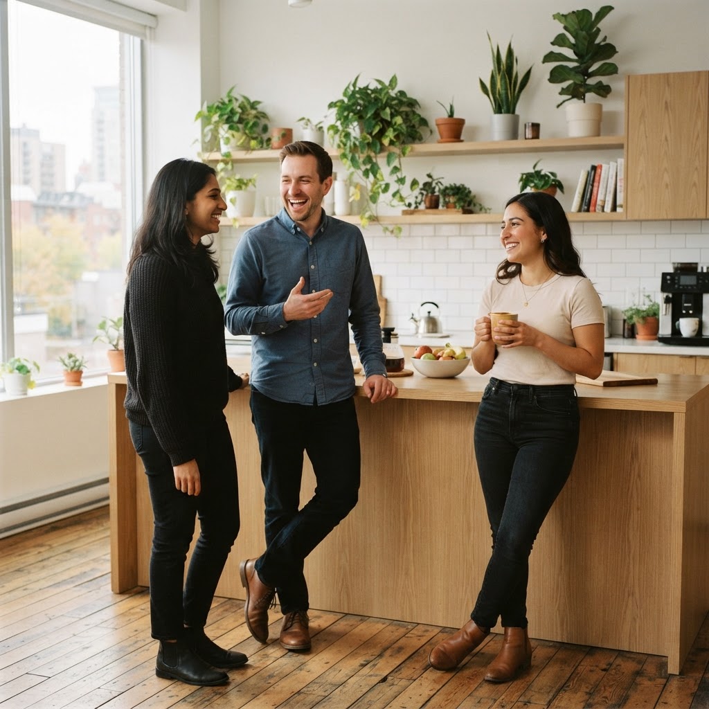 Colleagues having a friendly conversation in a bright office breakroom