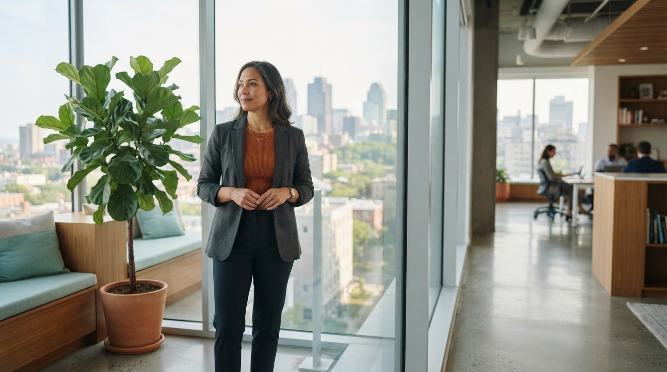 Professional standing in a calm sunlit modern office