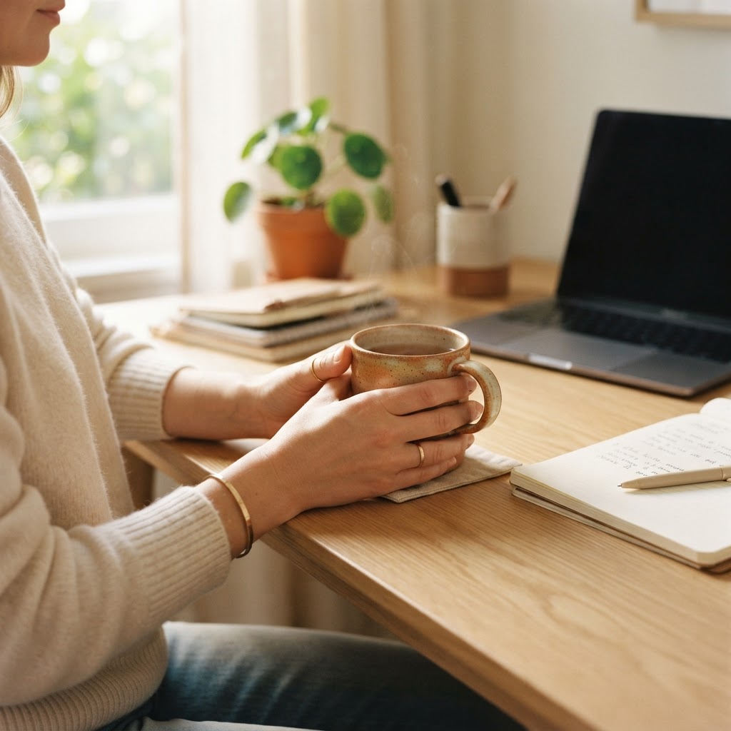Close up of person relaxing with tea in a home office