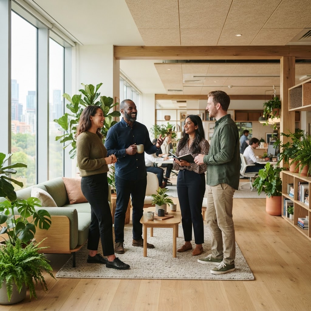 Diverse team of employees chatting in a bright modern office lounge