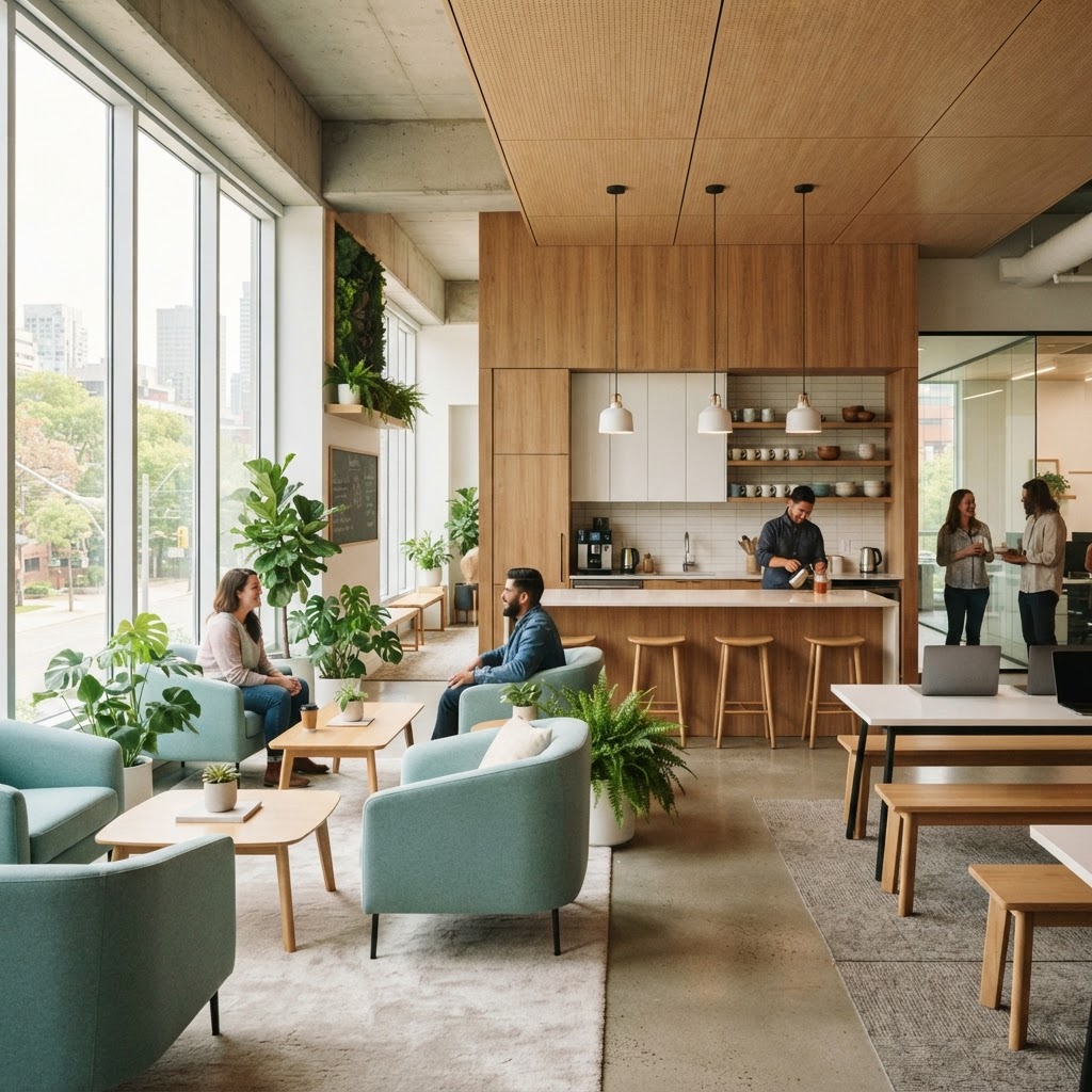 Modern open plan office communal area with natural light and plants
