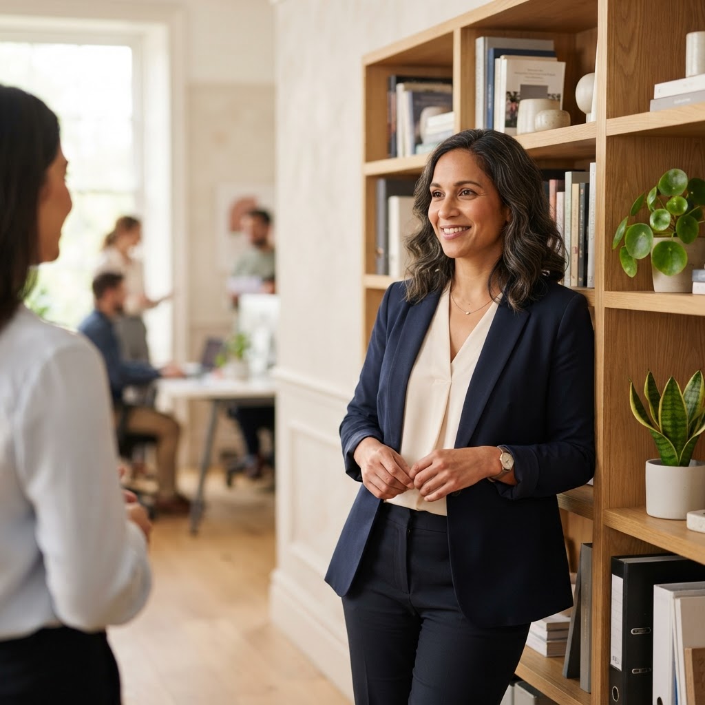 Professional employee smiling in a bright office with plants