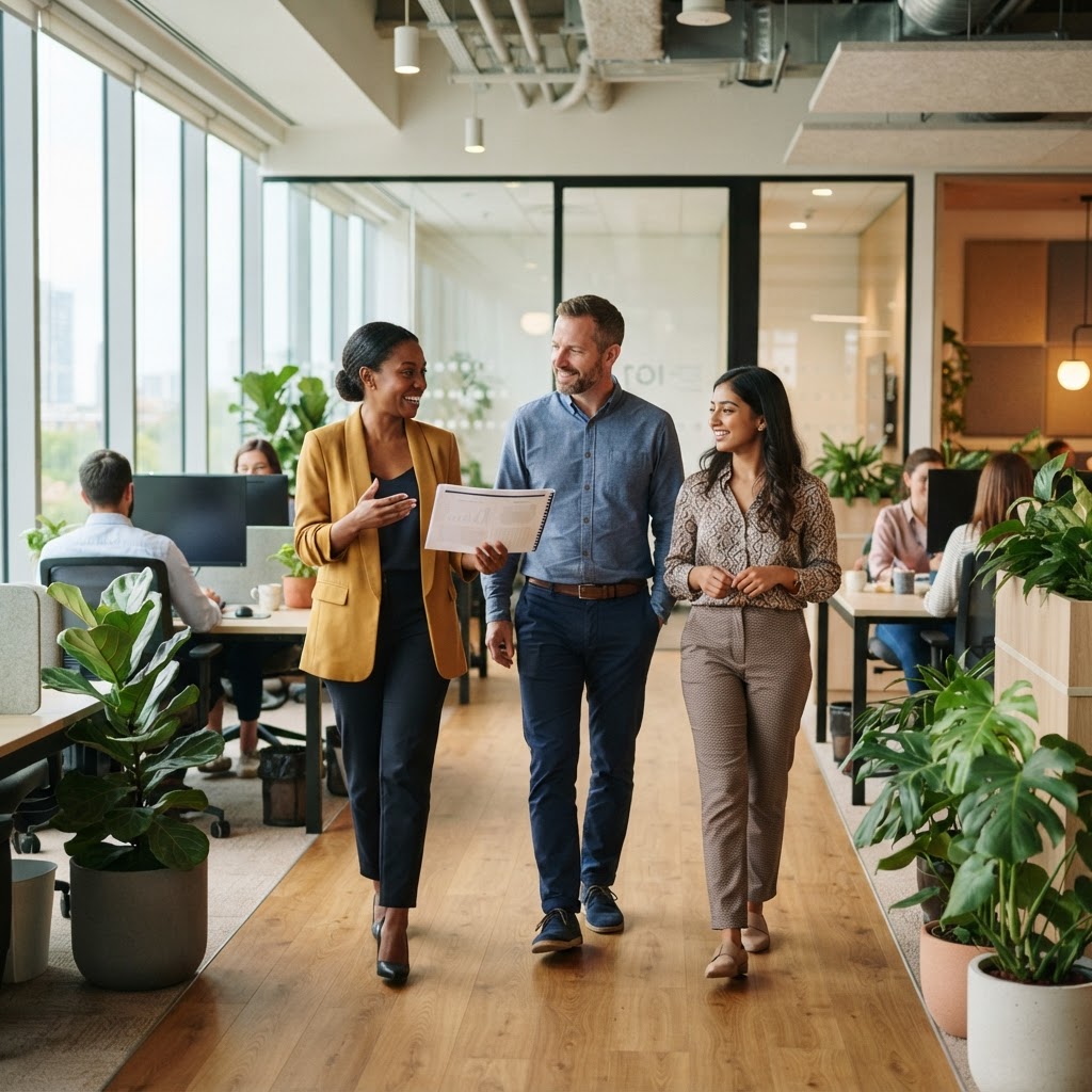 Diverse team walking and talking in a modern office about benefit support