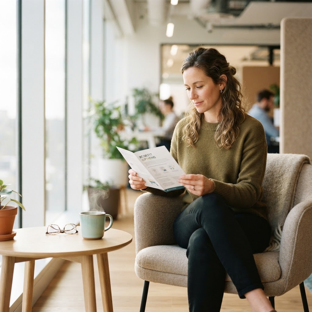 Employee reviewing mental health benefit options in a quiet comfortable office nook