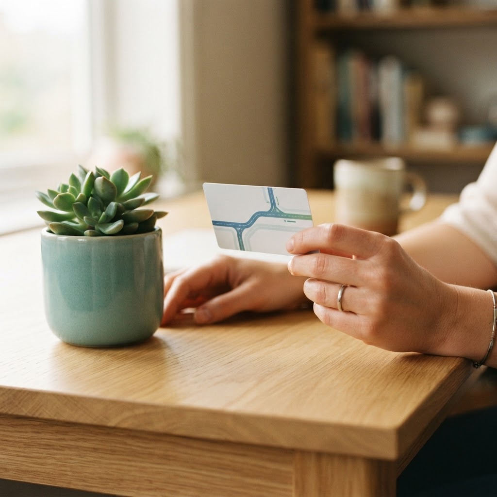 Hands holding a reference card for health resources on a wooden desk